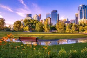 A view of downtown buildings by a scenic summer park in Calgary.